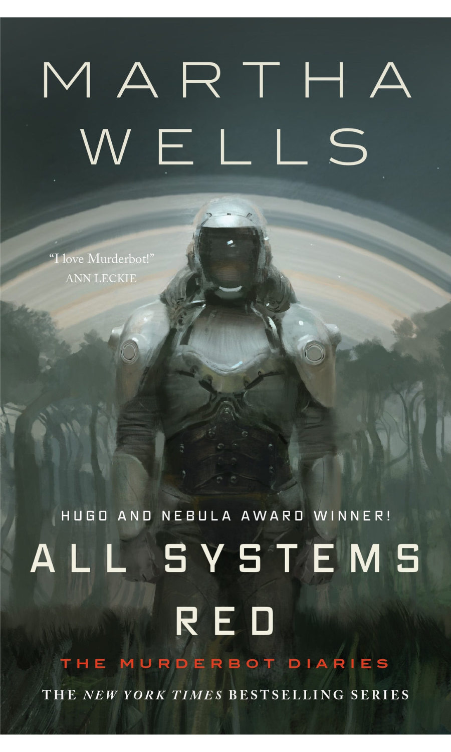 book cover for All Systems Red - grey robot looking at viewer on grey background