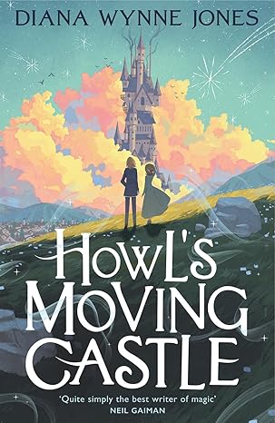 cover of Howl's Moving Castle: fluffy sunset-lit clouds with castle rising in front; manga-style characters in middle distance